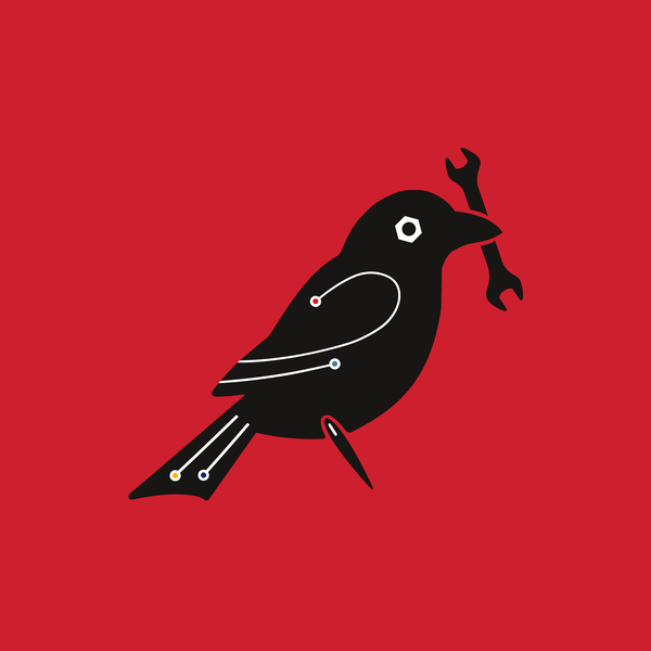 Med City Makerspace crow icon in black on a red background