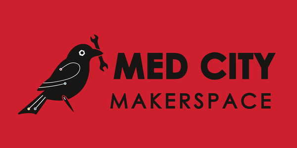 Med City Makerspace wordmark in black on a red background