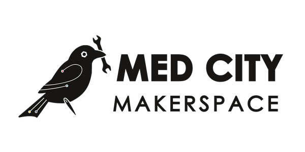 Med City Makerspace wordmark: a crow with the words Med City Makerspace, in black